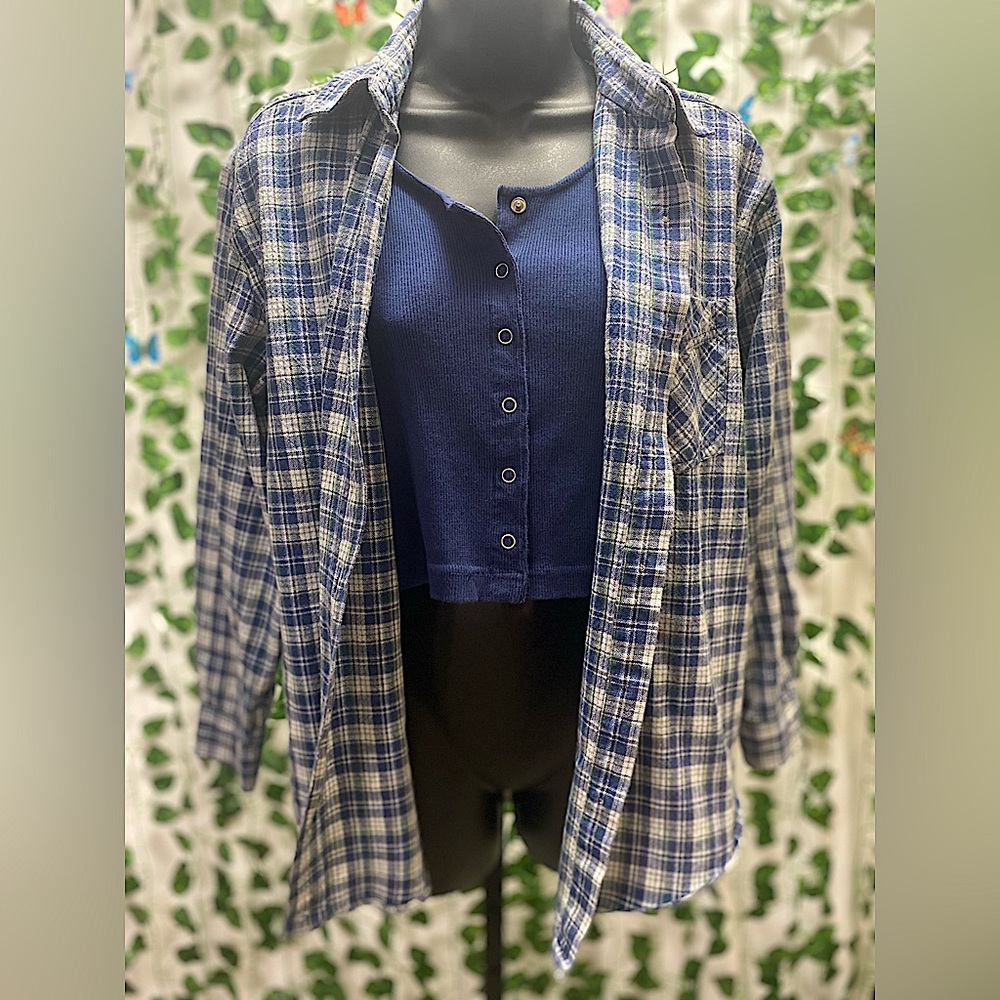 At Last & Co. - Flannel with Built in Vest/Button Up Cropped Tank - Size: M